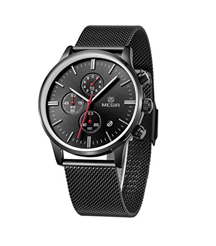 XLORDX Herren Armbanduhr Ultra Dünn Schwarz Meshband Edelstahl Chronograph Quartz Analog Sport Uhren