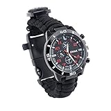 Mode Draussen Überleben Herrenuhren - Paracord Seil Hand-Woven Armband Multifunktion mit Militär Kompass Thermometer Armbanduhren für Herren, Schwarz