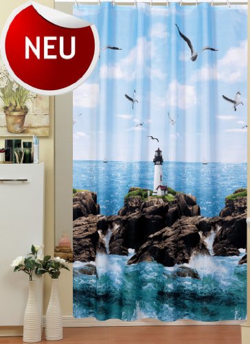 EDLER Textil Duschvorhang 240 x 200 cm "Leuchtturm am Meer" Blau Weiss Grün inkl. Ringe