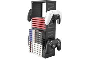 Niciksty Gry Storage Tower na PS5, PS5 przechowywanie płyt CD do gier, stojak na 24 płyty CD i 4 kontrolery do SWITCH, Xbox Series S & X, Xbox One, PS4, PS3, Blu Rays