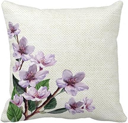Home Decorative Square Pillow Case Cushion Cover 24X24 Inches Lilac Branches Watercolor Flowers Burlap Look