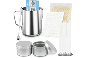 NIERBO Set di candele fai da te per la produzione di candele, per bambini, con cera di soia da 120 g, 2 barattoli per candele, 2 porta stoppini in ferro, 50 stoppini per candele, cucchiai, 56 adesivi