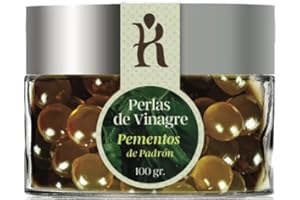 Perlas de Vinagre Pementos de Padrón 60grs. Esferificaciones de nuestro vinagre Albarro con pimiento de Padrón. Intensa y persistente explosión en boca. Vinagres Gourmet. Perlas de vinagre artesanal.