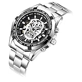 Armbanduhr Skelett Automatikwerk Mechanische Herren Männer SIBOSUN Edelstahl Band Steampunk römische Ziffern Analog Silber