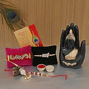 Collectible India Combo Rakhi Gift for Brother and Bhabhi Kids with Gift Set, Palm Buddha Showpiece Rakshabandhan Gifts for Bhai Sister - Fancy Rakhi with Gift Hamper (Palm Buddha)