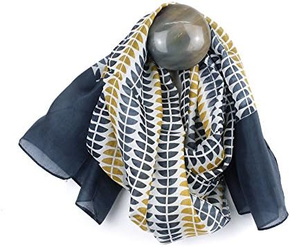 Ladies 100% Silk Scarf - Mustard Yellow Navy Grey Semi Circle Print Silk Scarf (50690)