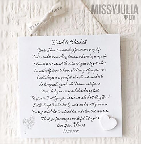 MissyJulia Ltd - Parents of The Bride Gift from Groom, Personalised Thank you Wall Plaque for Mother and Father of The Bride W271