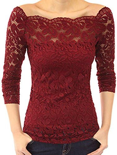 Tkiamess Summer Women Sexy Off the Shoulder Lace Tops Long Sleeve T-Shirt Blouse (XL, Red)