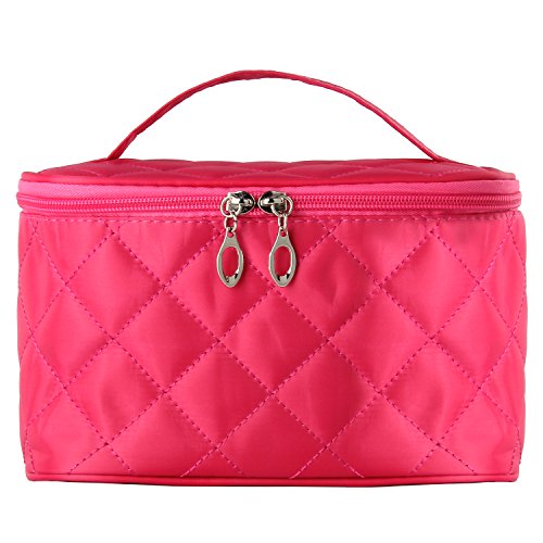 Discoball Lady Women Cosmetic Makeup Toiletry Travel Wash Bag Holder Mirror Case Organizer(Rose Red grid pattern design)