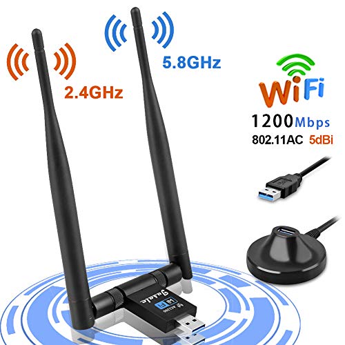 Jusale WiFi USB 1200Mbps, Antena WiFi Adaptador Wireless USB 3.0, Receptor de Red con 2x5dBi Antenas para PC/Desktop/Laptop, Dual Band 2.4GHz/5GHz, Soporte de Windows10/8/8.1/7/XP, Mac OS X 10.6-10.14