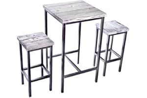 CHYRKA® Set di mobili da bar (60x60 cm+2S, Colore bianco) SAMBOR sgabello alto da bar set di mobili da bar loft in legno naturale metallo massiccio vetro fatto a mano