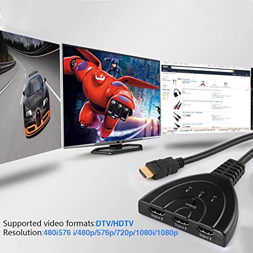 HDMI Switch, 3 Port HDMI Switche mit Pigtail HDMI-Kabel, vergoldete Stecker, 1080p & 3D-Unterstützung, HDMI Switcher Splitter für HDTV, PS3, XBOX ONE, 360, Bluray Player, DVD-Player etc. - 6