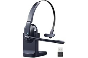 HUAKUA Casque Bluetooth avec microphone flexible, casque PC avec réduction du bruit, casque PC sans fil avec station de charge pour centre d'appel, smartphone, bureau, zoom, Microsoft Team, Skype