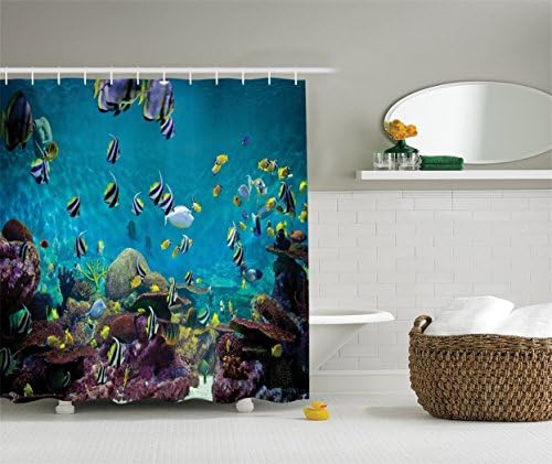 Ocean Decor Collection, Untouched Wild Underwater Aquatic World with Corals Exotic Fishes Seascape Picture, Polyester Fabric Bathroom Shower Curtain, Aqua Teal Yellow Navy White Green