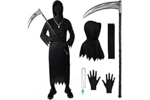 BSBUY Kostium Żniwiarza dla dzieci, przebranie na Halloween Żniwiarz z peleryną, rękawiczkami, paskiem, sztuczką śmierci, świecącym naszyjnikiem z czaszką / kapturem, kostium ducha, kostium ducha