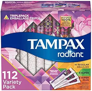 Tampax Radiant Triplepack (Regular Super Super Plus) Tampons, Unscented, 128 Ct