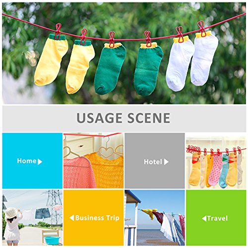 Aosbos 185-380cm Flexible Wäscheleine mit 12 beschichteten Klammern und 2 Haken für Reise, Camping, Hof, Hotel - 6