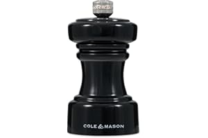 Cole & Mason Hoxton Black Gloss Salt Mill, Compact Salt Grinder with Adjustable Grind, Beech Wood, Non Corroding Ceramic Mechanism,10cm, Seasoning Mill, Lifetime Mechanism Guarantee