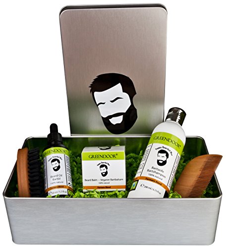 Bartpflege Set HAMBURG zum SPARPREIS - Greendoor Bio Bartseife 200 ml + Bio Bartöl 50 ml + Veganer Bartbalsam 50 ml + Bartbürste Birnbaumholz mit Wildschweinborsten + Bartkamm Holz Handarbeit + Metall-Geschenkbox - all natural, Bartpflegeset / Geschenkset / Geschenksets Geschenk Geburtstag Mann Vollbart Bart Pflege Sets - versandkostenfrei