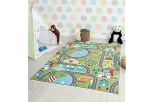 ‎THE CARPET the carpet Happy Life – Kinderteppich Spielteppich Straßen- und Stadtmotiv mit Auto, rutschfest & pflegeleicht, ideal fürs Kinderzimmer, Grün, 80 x 150 cm