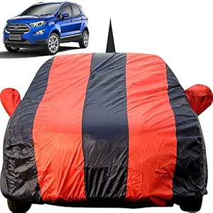 Autofact Car Body Cover for Ford Ecosport with Mirror and Antenna Pocket (Light Weight, Triple Stitched, Heavy Buckle, Bottom Fully Elastic, Red Stripes with Navy Blue Color )