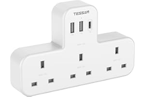 Plug Adapter, TESSAN Plug Extension Socket with 3 USB, 3 Way UK Multi Outlets Extender, Wall Charger for School Home, Kitchen, Office, School Supplies
