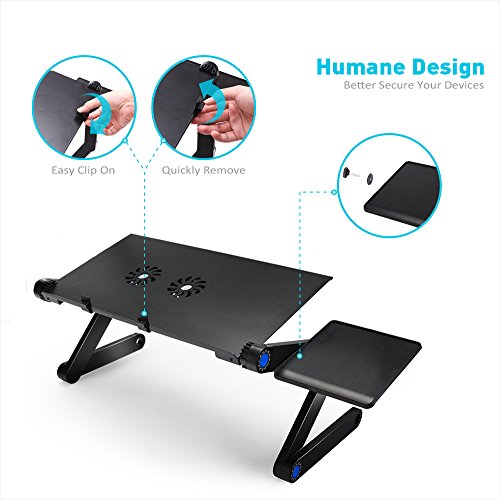 LONGKO 360° verstellbarer Laptop Notebook Ständer ergonomischer Tisch Tablet Halterung mit 2 Lüfter Ablage für die Maus für CouchBett Sofa (Schwarz) - 6