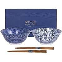 Tokyo Design Studio, Nippon Blue, Juego con 2 cuencos y 2 palillos, 4 piezas, diámetro 15.2 cm, porcelana de Japón