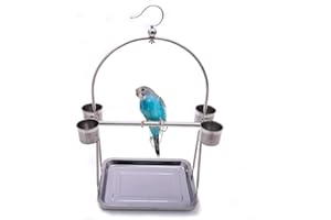 HYPEETY Stainless Steel Parrot Playstand Bird Playground Bird Perch Stand with Hook and 4 Food Bowls Hanging Play Gym for Macaw African Grey Budgies Parakeet Cage Accessories Exercise Toy (L)