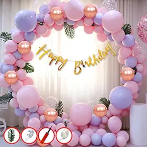 Party Propz Pink Birthday Decoration Items Combo Set For Girls Kids- Happy Birthday Foil Banner, Metallic Balloons With Green Leaf, Glue Dot and Arch For Birthday Decorations Celebrations - 43Pcs