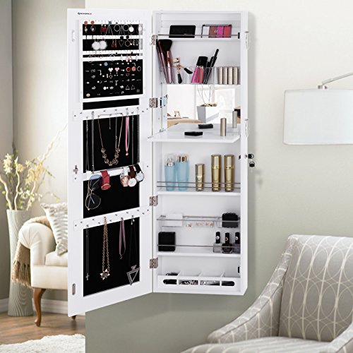 Songmics Espejo joyero espejo grande (sin marco) Armario colgante sin marco Organizador para bisuterías Funcional Blanco JBC63W