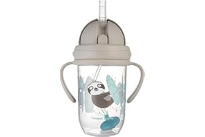 Canpol babies Trinklernbecher mit Strohhalm und Gewicht EXOTIC ANIMALS 270 ml, 6m+, Trinken aus jedem Winkel, Auslaufsicherer weicher Silikonstrohhalm, Dicht schließender Deckel (Grau Faultier)