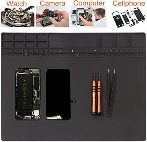 Large Magnet Silicone Solder Mat Magnetic Project Working Pad with 15.9" x 12" Inches Maintenance Platform Desk Mat Heat Resistant Insulation 500℃ for BGA Soldering Iron Repair Station FOR Cellphone Watch PC and More