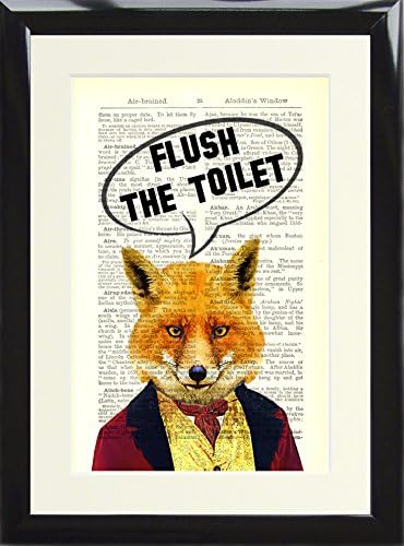 Framed Dictionary Art Print Gentleman Fox Flush the Toilet Funny Loo Sign Poster for Bathroom printed on a Vintage Book Page. Presented in a Black Wood Frame
