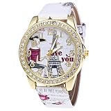 Mädchen Armbanduhr Traumzimmer Diamond Insert Eiffelturm In Paris Armbanduhr Lederband Quarz Frauen Druck Armbanduhr ImpräGniern Digital Simple Uhr Verschiedenen Farben Damen Uhren (Weiß)