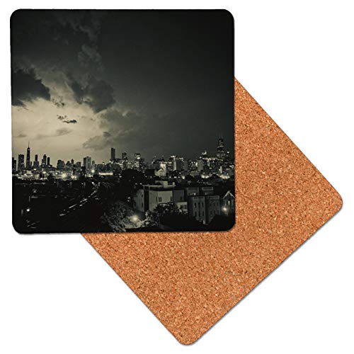 New York City Black and White Premium Wooden Table Drink Coaster with Cork Backing - Drinks Coasters (Pack of 8)