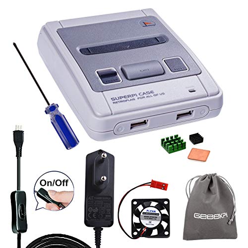 GeeekPi Retroflag SUPERPI CASE Custodia JCase SFC con alimentatore EU 5V 2.5A con interruttore ON / OFF e ventola di raffreddamento e dissipatori e borsa flanella per RetroPie Raspberry Pi 3/2 Modello B & Raspberry Pi 3B +