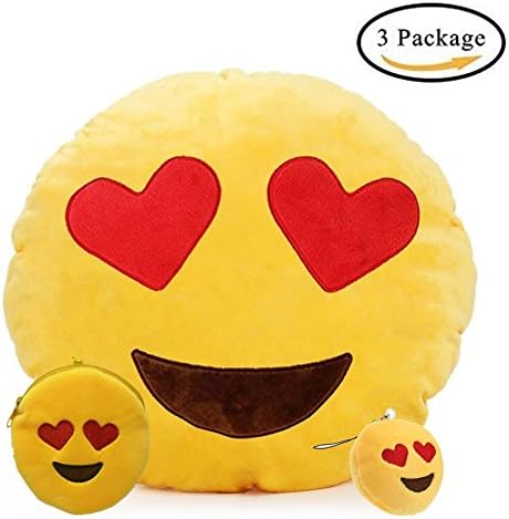 Emoji Pillow Hearts Eyes Cushion Key Chain and Coin Purse, Emoticon Plush Smiley Cushion Pillow Yellow Round Gift set (Pillow-D)