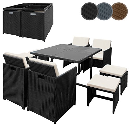 Miadomodo Polyrattan Sitzgruppe Sitzgarnitur Gartenmöbel 9-teilig in der Farbe nach Ihrer Wahl (Schwarz - Sitzkissen: Cremeweiß)