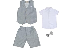 YAOTT 4-Pieces Kids Waistcoat Suit,Boys Wedding Party Shorts Set,Boys Summer Suit Set,Plaid Vest+Pants+Short Sleeve Shirt+Bow Tie,Gentleman Infant Formal Dress Suit,Page Boy Outfit Set 2-12 Years