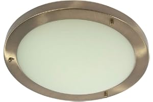 BRITALIA Antique Brass & White Frosted Glass Bathroom Round Flush Ceiling Light 305mm | 2 x SES E14 Candle Lamp Bulbs Required (Not Included) | IP44 Rated | Suitable for Outdoor Use