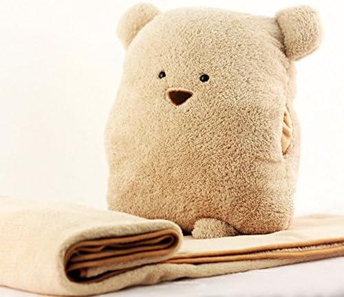 LIWUYOU Throw Pillow Blanket 2 in 1 Cute Cartoon Bear Multi-use Creative Cozy Coral Fleece Air Conditioning Blanket Cushion Hand Warmer Pillows with Eco Storage Bag