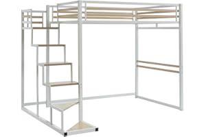 Vente-unique - Cama Alta 140 x 200 cm - Metal y MDF - Blanco - JOGUI