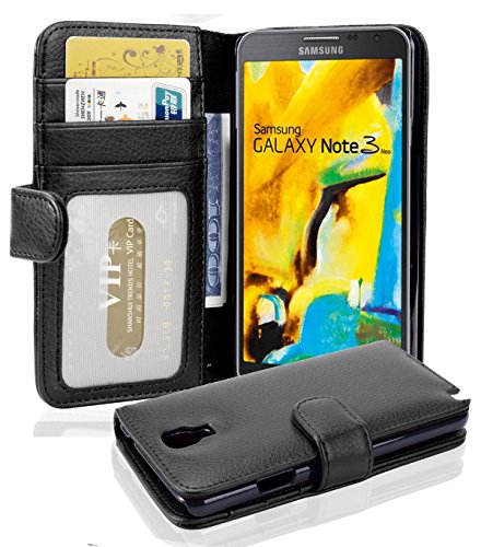 Cadorabo Book Case works with Samsung Galaxy NOTE 3 NEO in MIDNIGHT BLACK – with Magnetic Closure and 3 Card Slots – Wallet Etui Cover Pouch PU Leather Flip