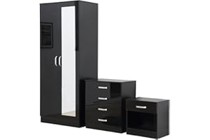 AFN HOME AFN Gladini Bedroom Furniture Sets for Bedroom Storage High Gloss Home Closet 2 Door Wardrobe with Mirror and 4 Drawer Chest and Bedside Cabinet (Black)