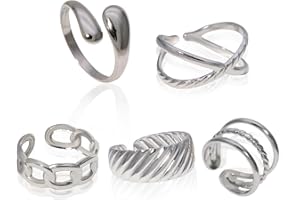 AFCJLTO 5 Piezas Anillos Mujere Acero Inoxidable Anillos Mujer Plata Ajustable Anillo de Apilamiento,Abierta Anillo Nudillo Conjunto Apilable Anillo Pulgar Midi Anillos Plata