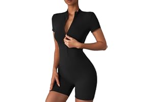 Merlvida Sport Jumpsuit für Damen Kurz Eng Yoga Einteiler Damen mit Reißverschl Sommer Overall Bodysuit Women Nahtloser Elastischer Figurformender Ganzkörperanzug Sexy Outfit für Fitness Gym Workout