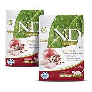 FARMINA N&D Prime - Chicken & Pomegranate - Grain Free - Cat Dry Food - Neutered Cat - Adult 300g (Pack of 2, Each 300Gms)