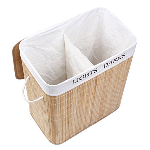 Homitex Groß 100L Bambus Faltbar Wäschekorb mit 2 Fächern H x B x T: ca. 60 x 54 x 33 cm LIGHTS&DARKS Wäschebox Wäschesammler mit fest fixiertem Wäschesack und Deckel (Natur) - 2