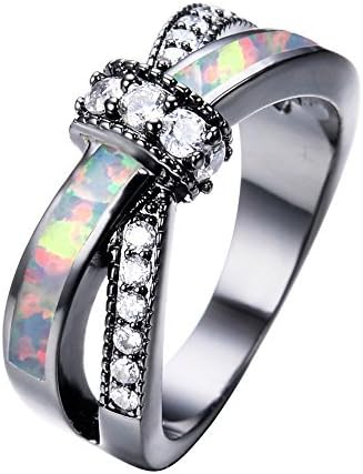 Adeser Jewelry Womens Lab White Opal Black Gold Plated Ring 10 KT Promise Wedding Womens Rings Size 9 (WT)